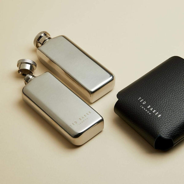 Double Hip Flask – 18/8 Stainless Steel, 85ml × 2, Black Faux Leather Wrap