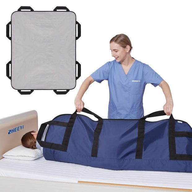 Patented Patient Transfer Bed Pad 48"x40" | 8 Reinforced Handles + Support Pocket | Washable, Supports 450 lbs | For Bedridden Patient Lifting, Turning, and Repositioning
