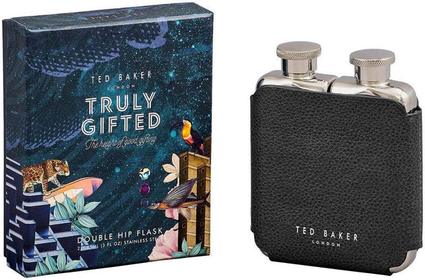 Double Hip Flask – 18/8 Stainless Steel, 85ml × 2, Black Faux Leather Wrap