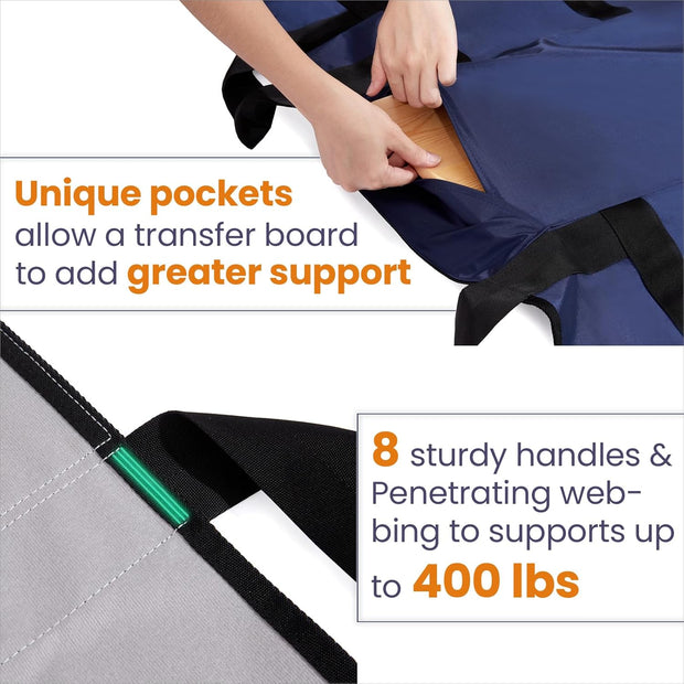 Patented Patient Transfer Bed Pad 48"x40" | 8 Reinforced Handles + Support Pocket | Washable, Supports 450 lbs | For Bedridden Patient Lifting, Turning, and Repositioning