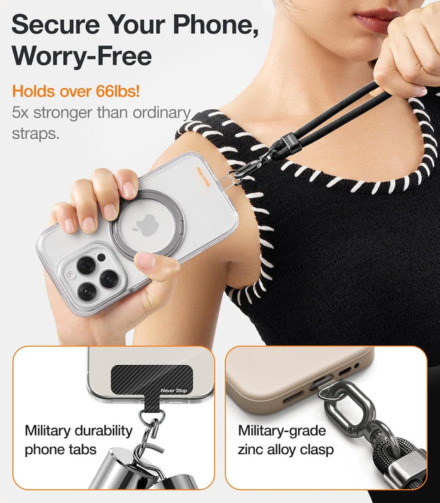 Crossbody Phone Lanyard with 2 Phone Tabs | Adjustable Anti-Theft Neck Strap for All Phones | Heavy-Duty Metal Buckle | Skin-Friendly & Lightweight | Travel & Outdoor Essential (Black)