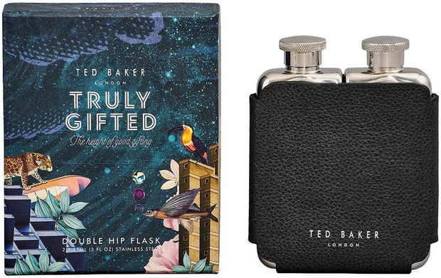 Double Hip Flask – 18/8 Stainless Steel, 85ml × 2, Black Faux Leather Wrap