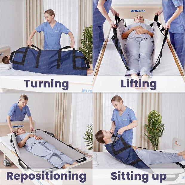 Patented Patient Transfer Bed Pad 48"x40" | 8 Reinforced Handles + Support Pocket | Washable, Supports 450 lbs | For Bedridden Patient Lifting, Turning, and Repositioning