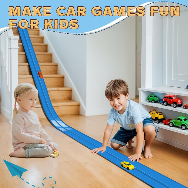 Flex Track 15 Ft Flexible Double-Lane Race Car Track Starter Set with Suction Cups | Compatible with Hot Wheels, 1/64 Diecast Cars & Monster Trucks | No Assembly, Roll-Up Storage, Ages 3+