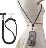 Crossbody Phone Lanyard with 2 Phone Tabs | Adjustable Anti-Theft Neck Strap for All Phones | Heavy-Duty Metal Buckle | Skin-Friendly & Lightweight | Travel & Outdoor Essential (Black)