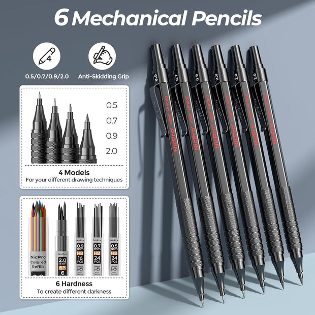 58-Piece Professional Sketching & Drawing Art Set (Leather Case) – Includes Metal Mechanical Pencils (0.5/0.7/0.9/2.0mm), 12 Fineliner Pens, Sketchbook, & Lead Refills