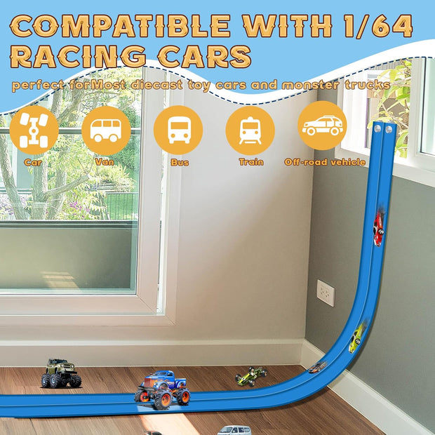 Flex Track 15 Ft Flexible Double-Lane Race Car Track Starter Set with Suction Cups | Compatible with Hot Wheels, 1/64 Diecast Cars & Monster Trucks | No Assembly, Roll-Up Storage, Ages 3+