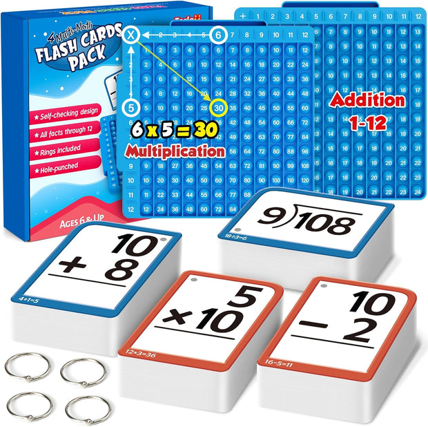 4-in-1 Math Fidget Board Set: Multiplication Chart + Addition/Subtraction/Division Flash Cards | Sensory Math Games for Kids (1st-6th Grade)