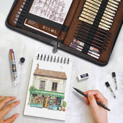 58-Piece Professional Sketching & Drawing Art Set (Leather Case) – Includes Metal Mechanical Pencils (0.5/0.7/0.9/2.0mm), 12 Fineliner Pens, Sketchbook, & Lead Refills