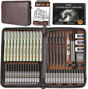 58-Piece Professional Sketching & Drawing Art Set (Leather Case) – Includes Metal Mechanical Pencils (0.5/0.7/0.9/2.0mm), 12 Fineliner Pens, Sketchbook, & Lead Refills