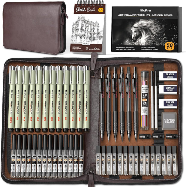 58-Piece Professional Sketching & Drawing Art Set (Leather Case) – Includes Metal Mechanical Pencils (0.5/0.7/0.9/2.0mm), 12 Fineliner Pens, Sketchbook, & Lead Refills