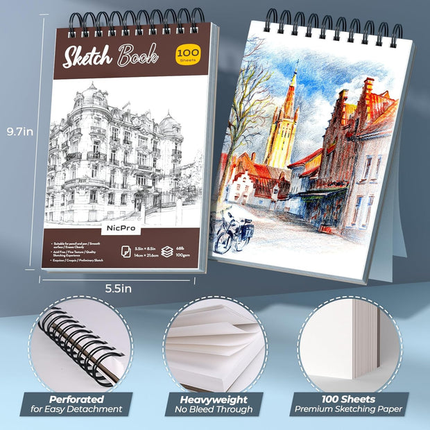 58-Piece Professional Sketching & Drawing Art Set (Leather Case) – Includes Metal Mechanical Pencils (0.5/0.7/0.9/2.0mm), 12 Fineliner Pens, Sketchbook, & Lead Refills