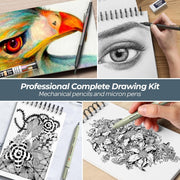 58-Piece Professional Sketching & Drawing Art Set (Leather Case) – Includes Metal Mechanical Pencils (0.5/0.7/0.9/2.0mm), 12 Fineliner Pens, Sketchbook, & Lead Refills
