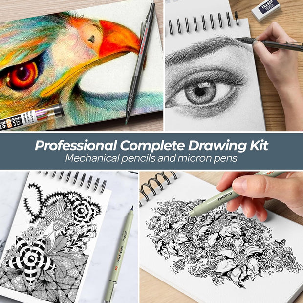 58-Piece Professional Sketching & Drawing Art Set (Leather Case) – Includes Metal Mechanical Pencils (0.5/0.7/0.9/2.0mm), 12 Fineliner Pens, Sketchbook, & Lead Refills