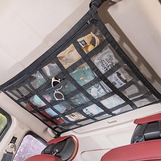 Car Ceiling Storage Net – 30.3"x22" Universal Roof Mesh Cargo Organizer with Zipper – Adjustable Interior Storage Bag for Cars, SUVs, Trucks, an
