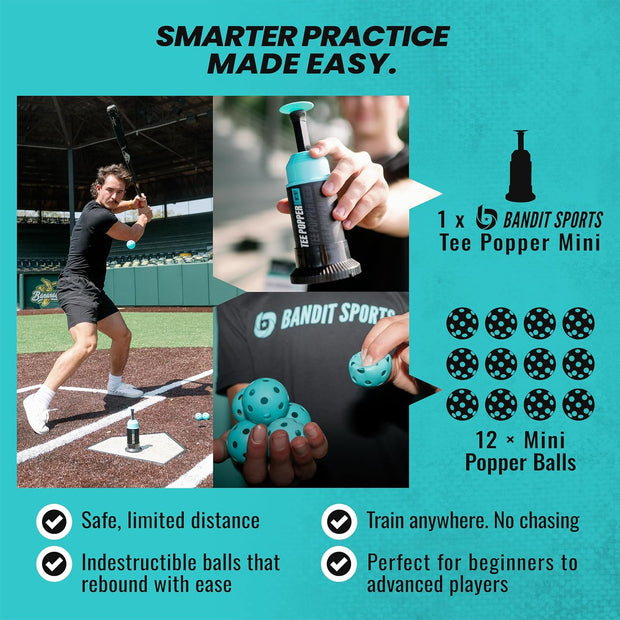 Bandit Sports Tee Popper Baseball Hitting Trainer – Automatic Pop-Up Batting Tee for All Ages & Skill Levels (1 Popper Ball Included)