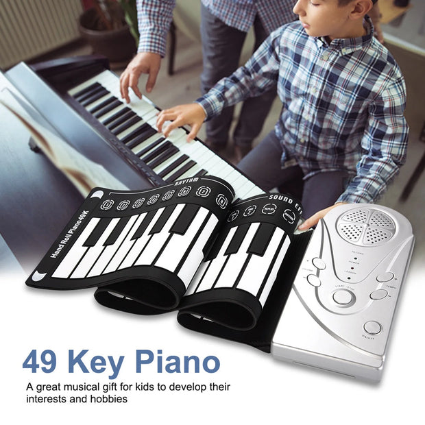 49-Key Portable Roll-Up Electronic Piano Keyboard | Rechargeable Soft Silicone Keys | 16 Tones, 6 Demo Songs | Ideal Beginner Gift (Silvery)